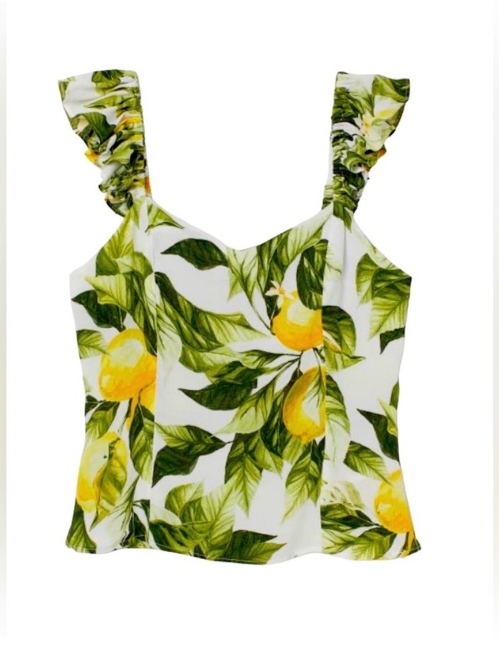 H&M Lemon Print Blouse Butterfly Sleeve V Neck Medium